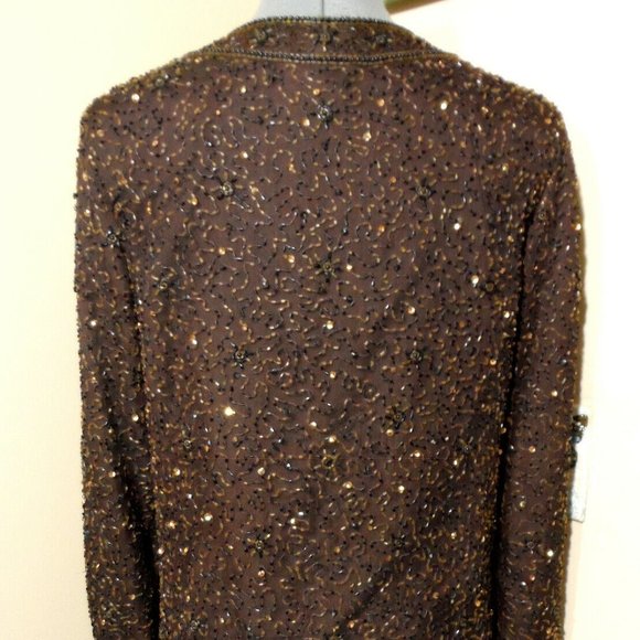 Vintage STENAY 100% Silk ALL Beaded Formal Jacket S Brown Hook front Overcoat LS - Picture 10 of 13